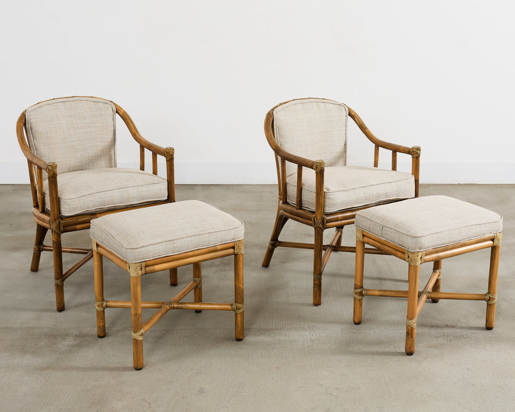 Pair of McGuire Organic Modern Rattan Armchairs and Ottomans
