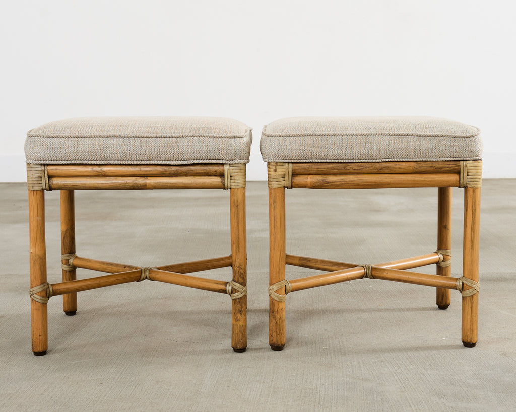 Pair of McGuire Organic Modern Rattan Armchairs and Ottomans