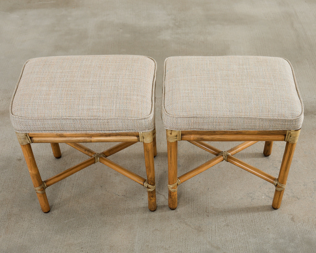 Pair of McGuire Organic Modern Rattan Armchairs and Ottomans