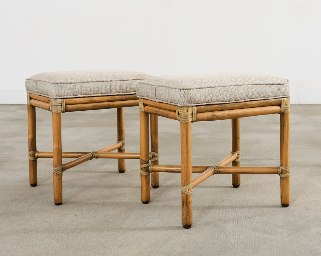 Pair of McGuire Organic Modern Rattan Armchairs and Ottomans