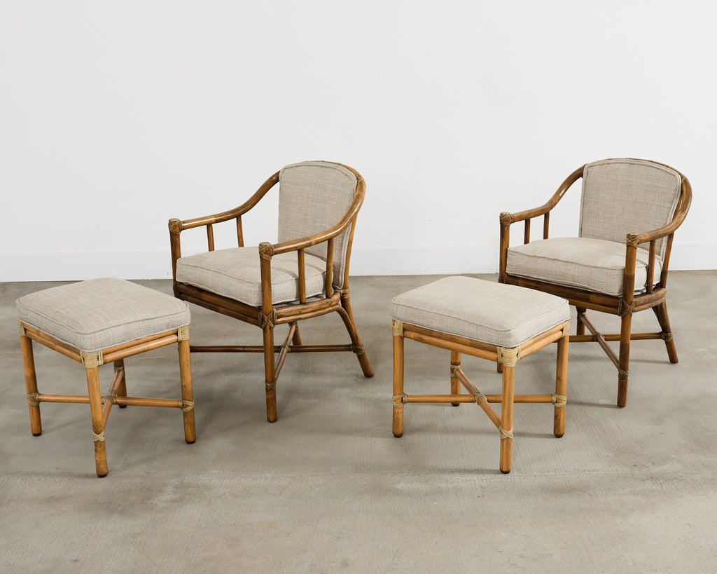 Pair of McGuire Organic Modern Rattan Armchairs and Ottomans