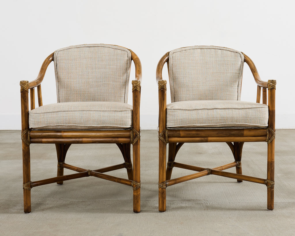 Pair of McGuire Organic Modern Rattan Armchairs and Ottomans
