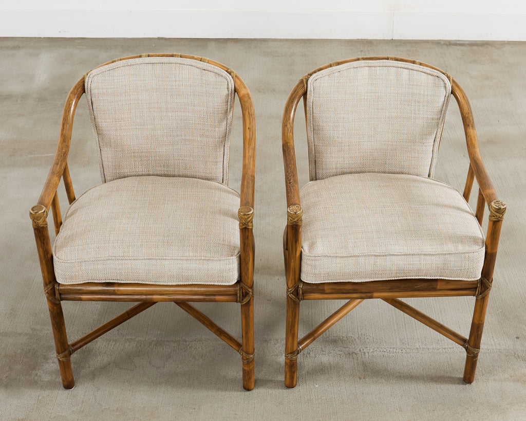 Pair of McGuire Organic Modern Rattan Armchairs and Ottomans