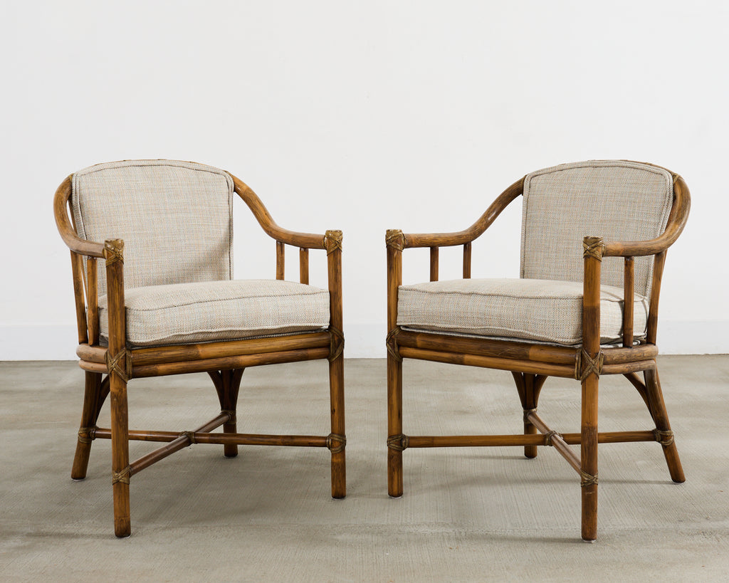 Pair of McGuire Organic Modern Rattan Armchairs and Ottomans