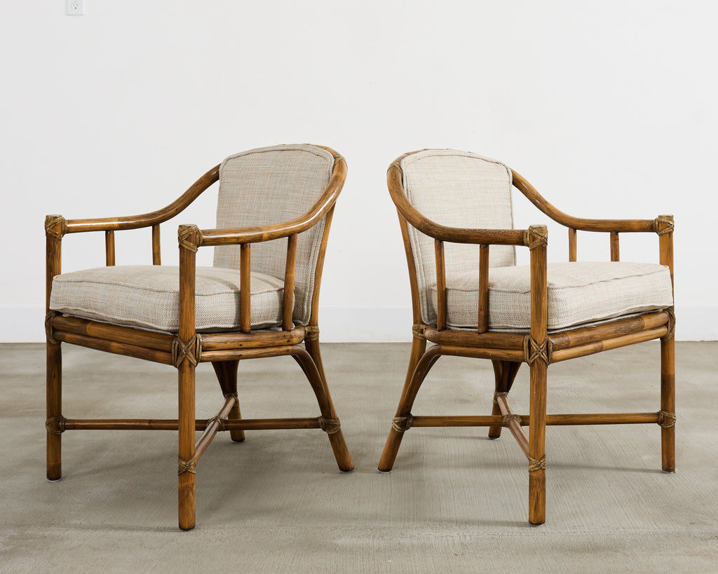Pair of McGuire Organic Modern Rattan Armchairs and Ottomans