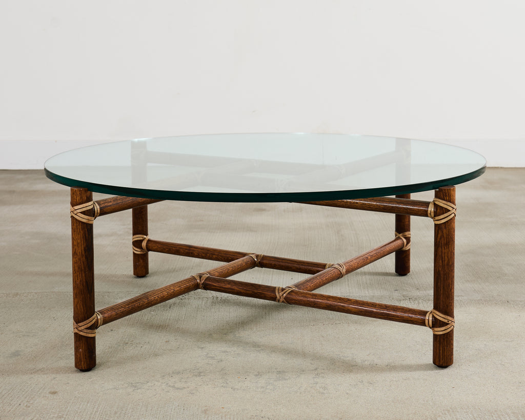 McGuire Round Oak Leather Glass Top Cocktail Table