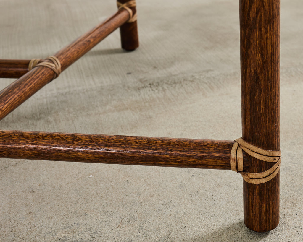 McGuire Round Oak Leather Glass Top Cocktail Table