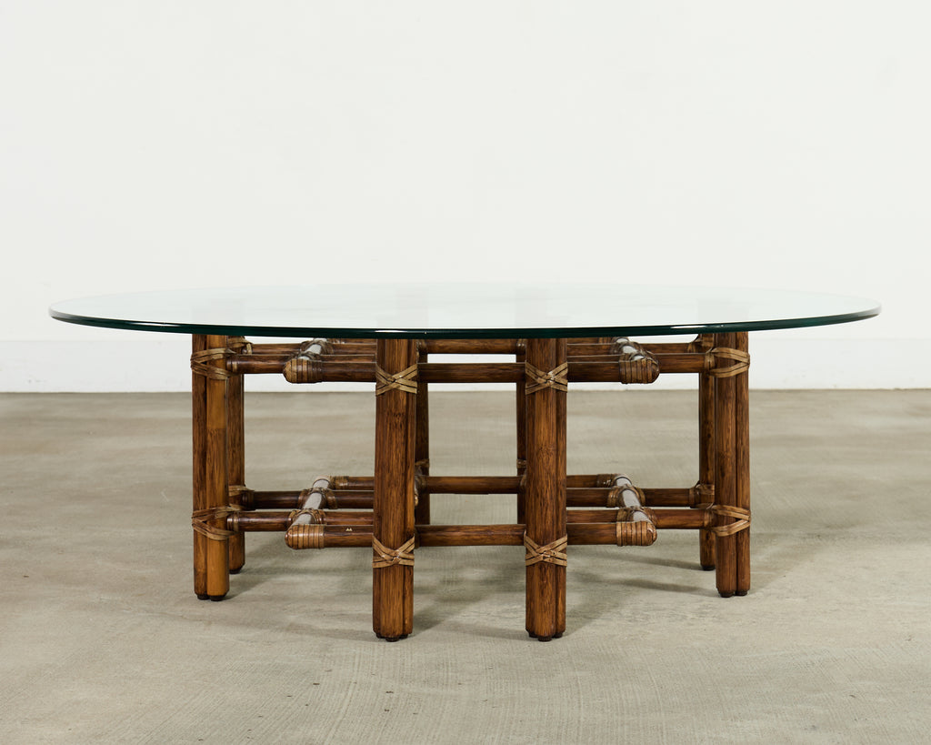 McGuire Organic Modern Lattice Rattan Brass Glass Cocktail Table