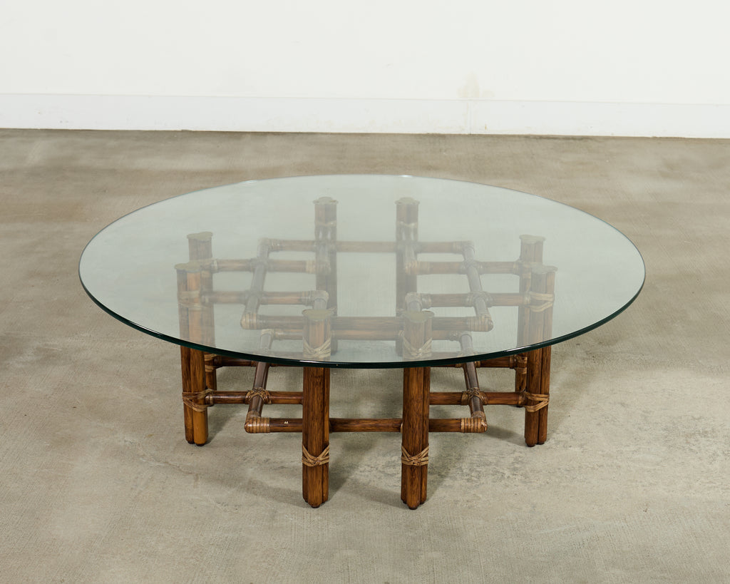 McGuire Organic Modern Lattice Rattan Brass Glass Cocktail Table