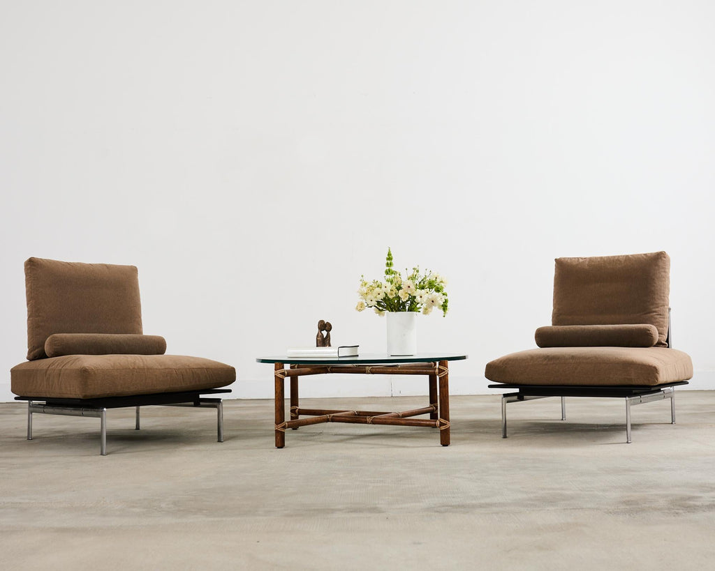 McGuire Round Oak Leather Glass Top Cocktail Table