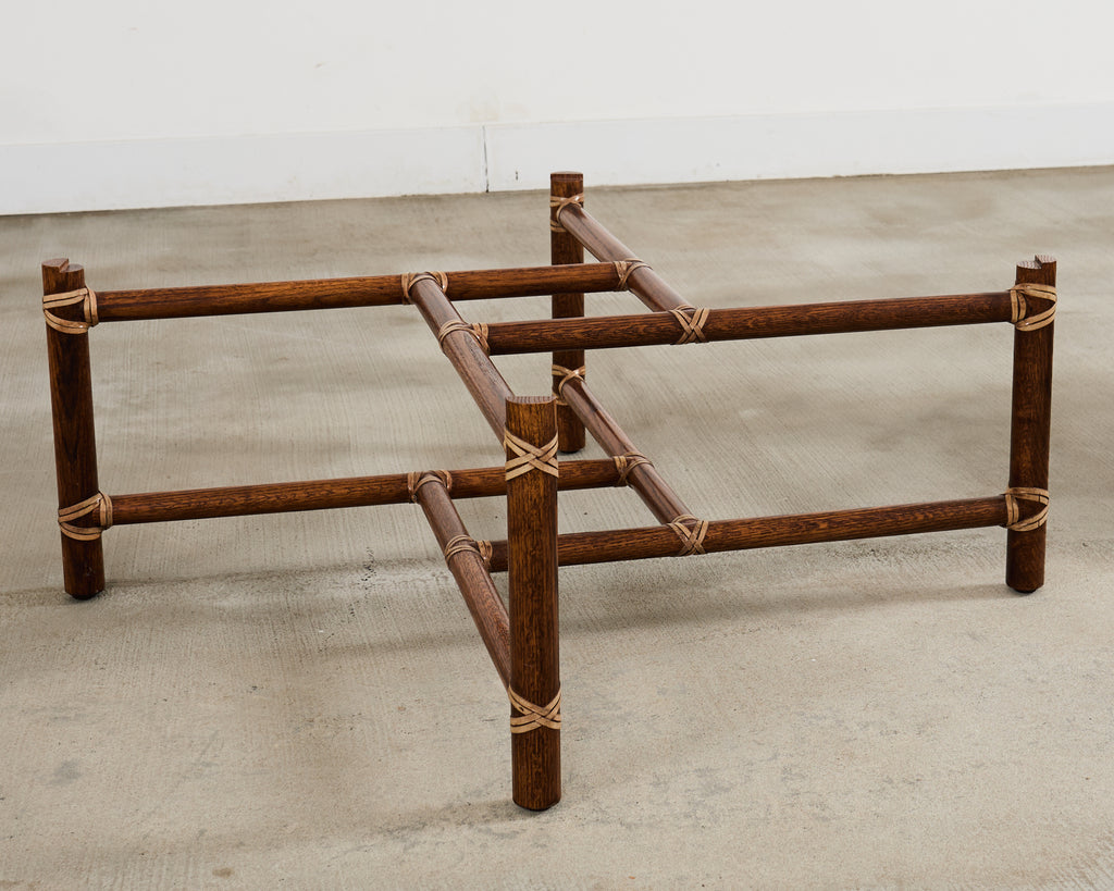 McGuire Round Oak Leather Glass Top Cocktail Table