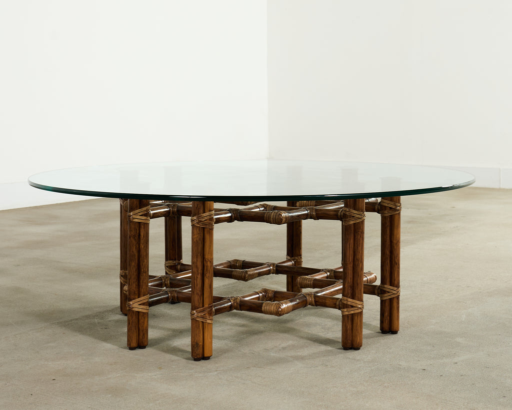 McGuire Organic Modern Lattice Rattan Brass Glass Cocktail Table