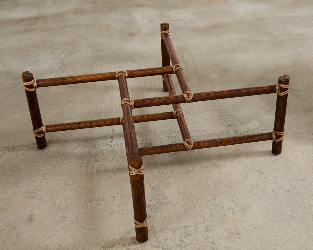 McGuire Round Oak Leather Glass Top Cocktail Table