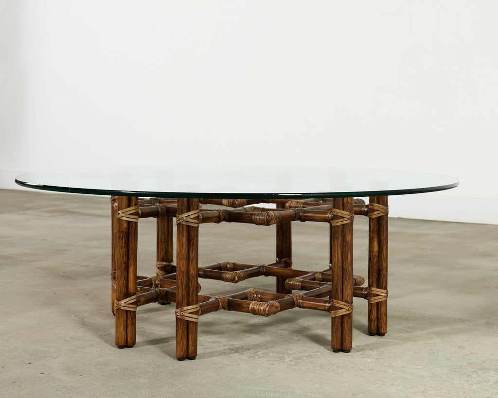 McGuire Organic Modern Lattice Rattan Brass Glass Cocktail Table