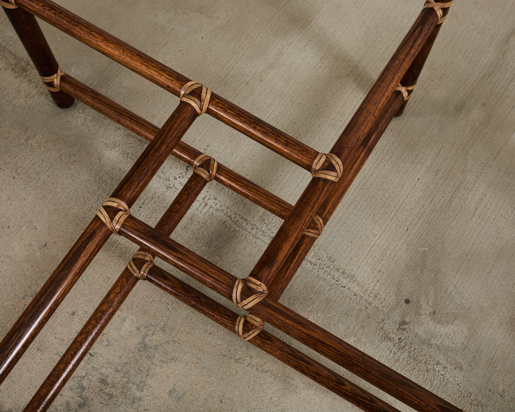 McGuire Round Oak Leather Glass Top Cocktail Table