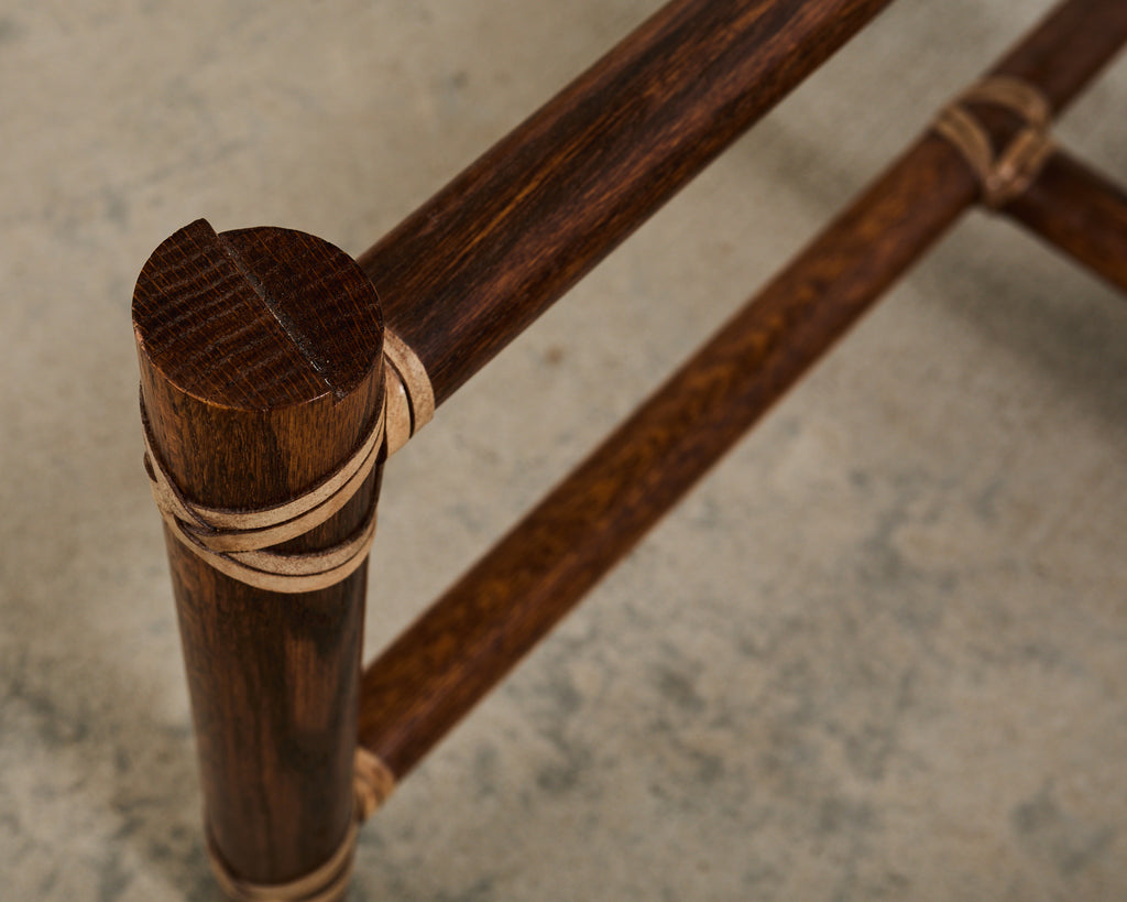 McGuire Round Oak Leather Glass Top Cocktail Table