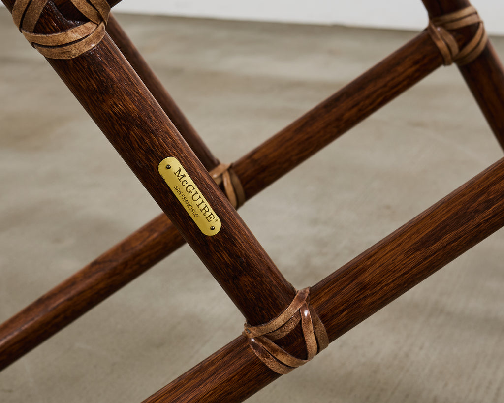 McGuire Round Oak Leather Glass Top Cocktail Table