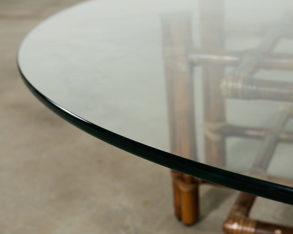 McGuire Organic Modern Lattice Rattan Brass Glass Cocktail Table