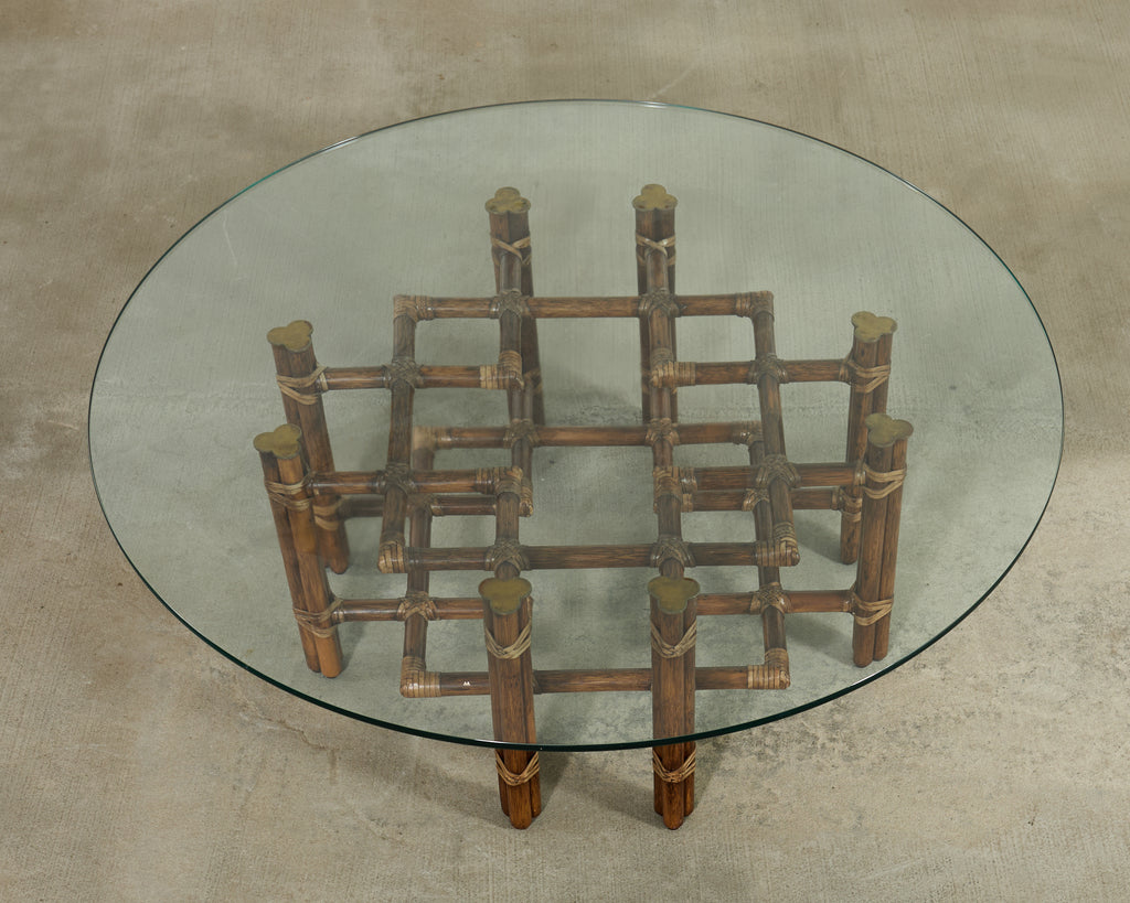 McGuire Organic Modern Lattice Rattan Brass Glass Cocktail Table
