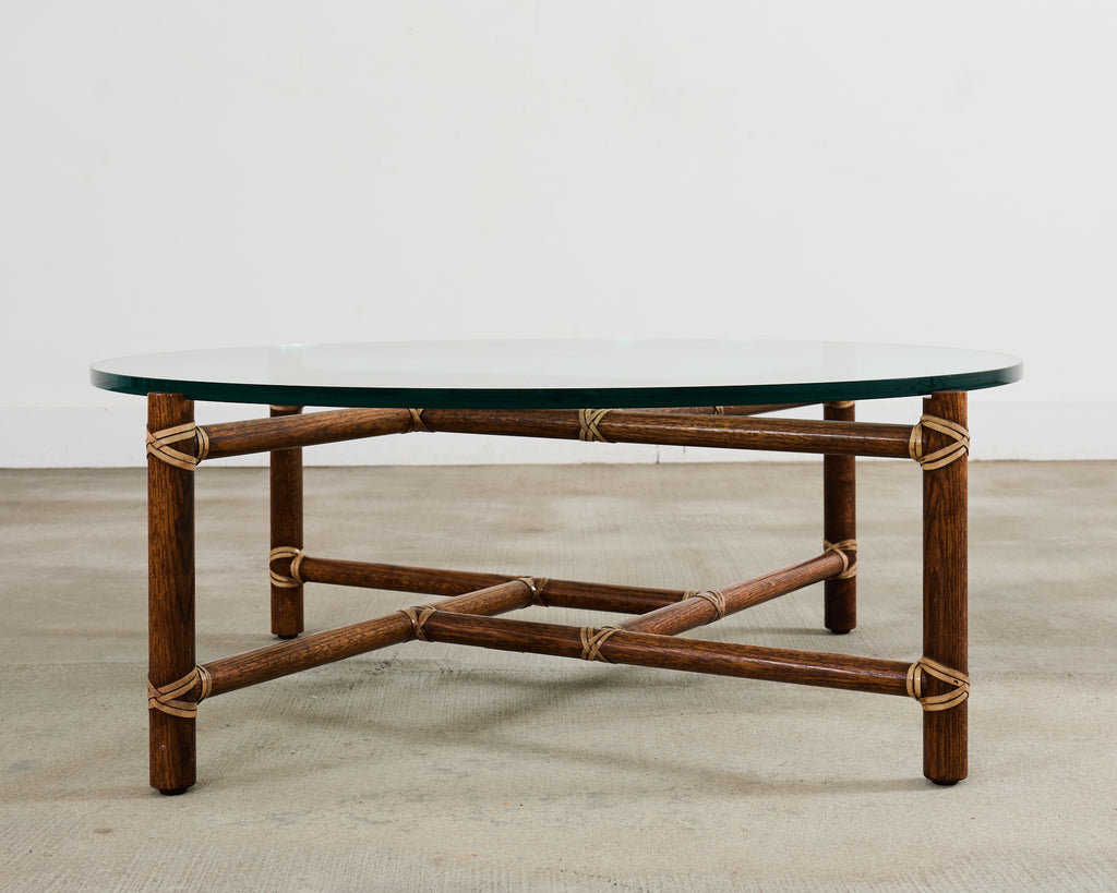 McGuire Round Oak Leather Glass Top Cocktail Table