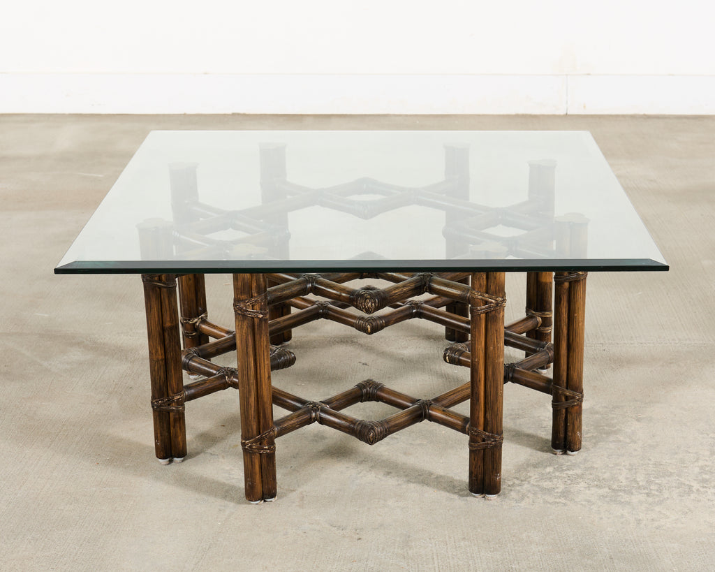 McGuire Organic Modern Rattan Brass Lattice Cocktail Table