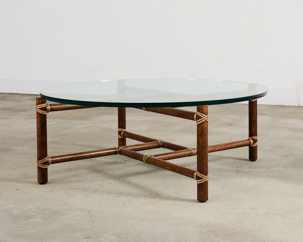 McGuire Round Oak Leather Glass Top Cocktail Table