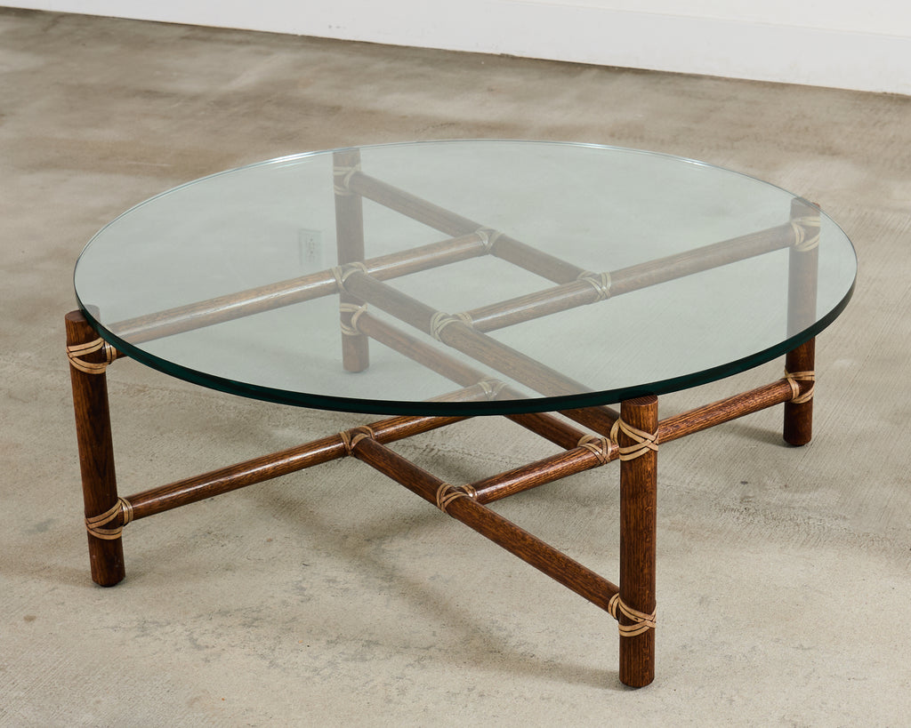 McGuire Round Oak Leather Glass Top Cocktail Table