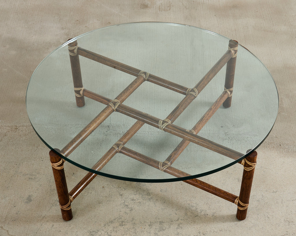 McGuire Round Oak Leather Glass Top Cocktail Table