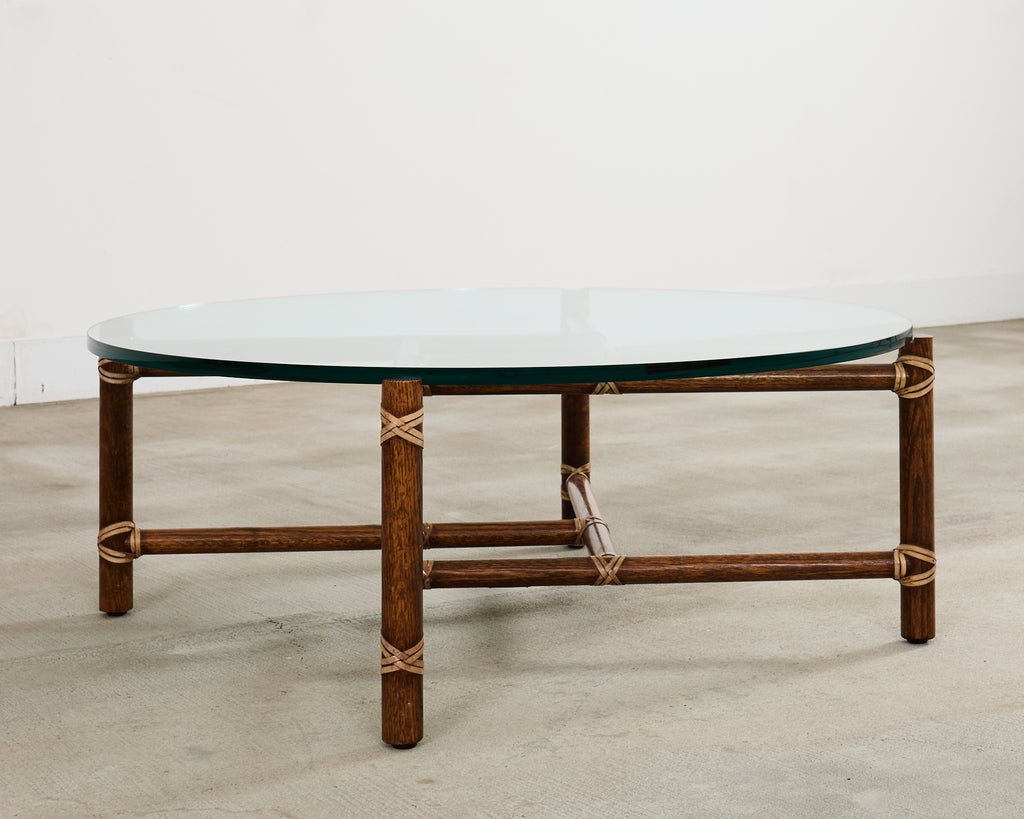 McGuire Round Oak Leather Glass Top Cocktail Table