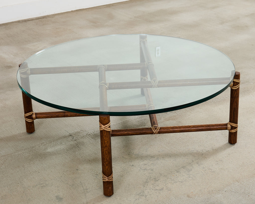 McGuire Round Oak Leather Glass Top Cocktail Table