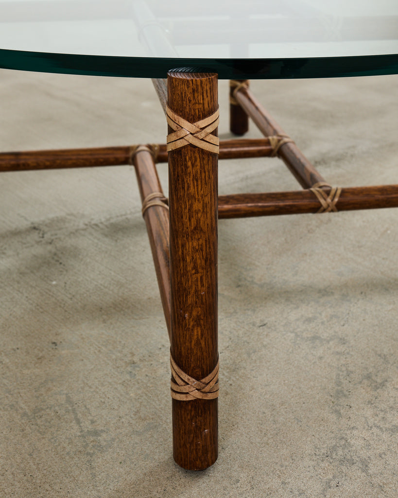 McGuire Round Oak Leather Glass Top Cocktail Table