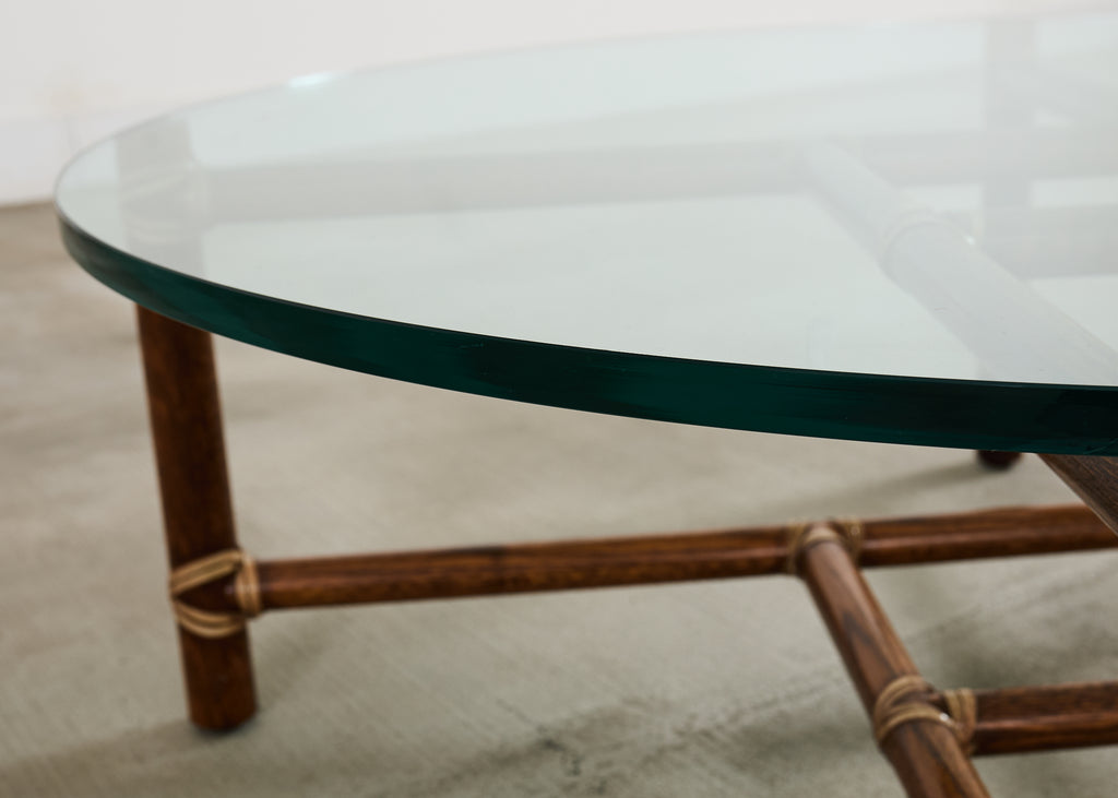 McGuire Round Oak Leather Glass Top Cocktail Table