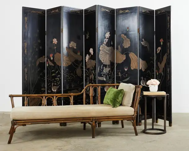Chinese Export Eight Panel Coromandel Screen Lotus Blossoms