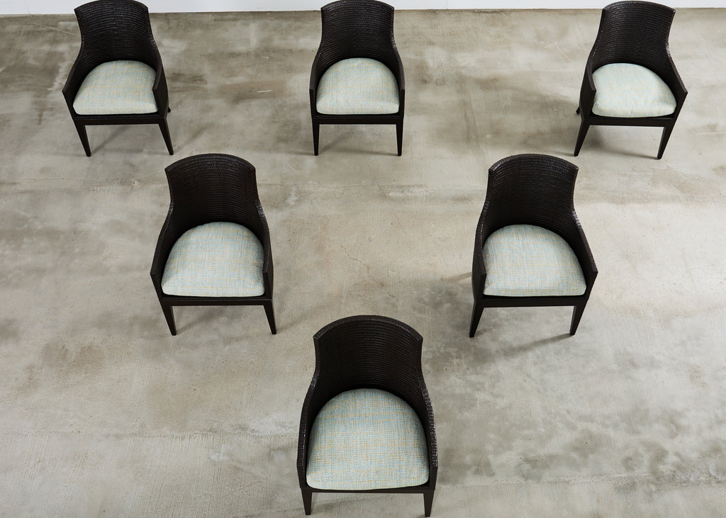 Set of Six McGuire Woven Rattan Cane Dining Armchairs