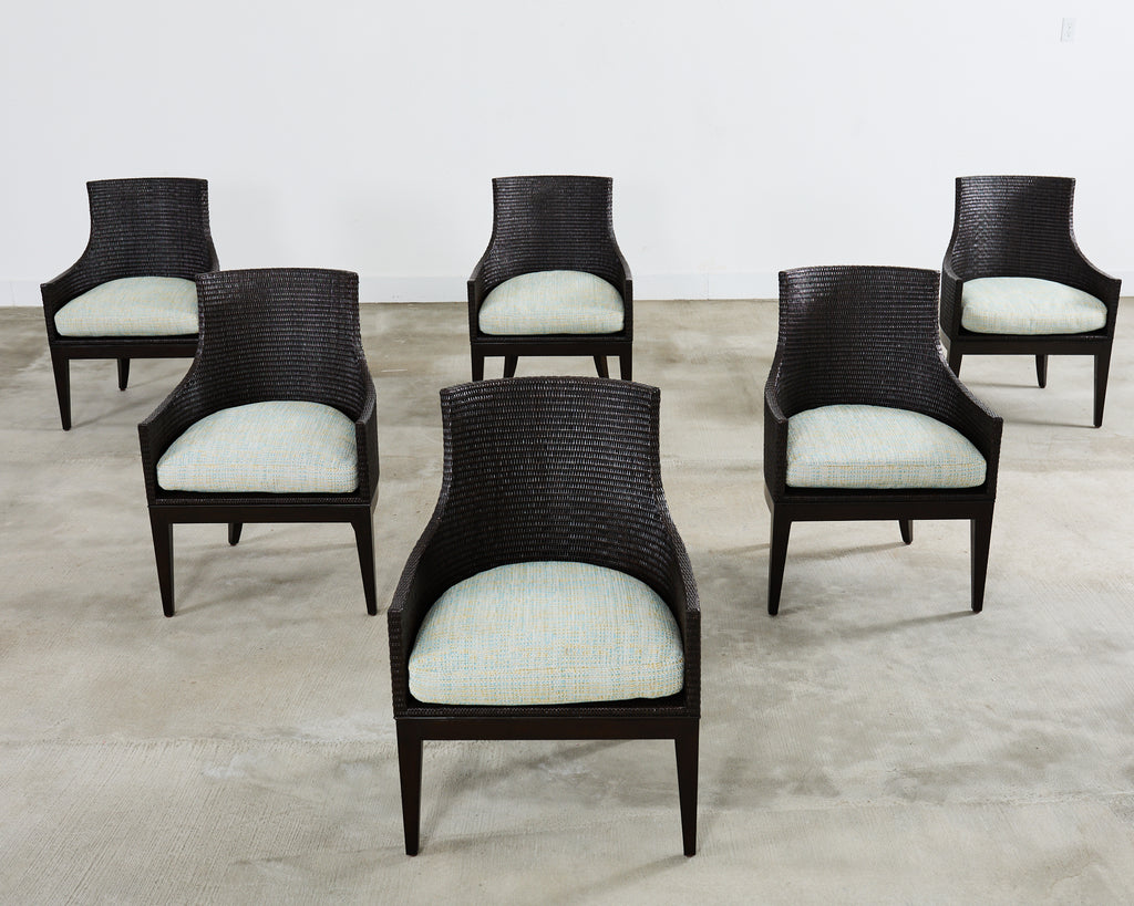 Set of Six McGuire Woven Rattan Cane Dining Armchairs