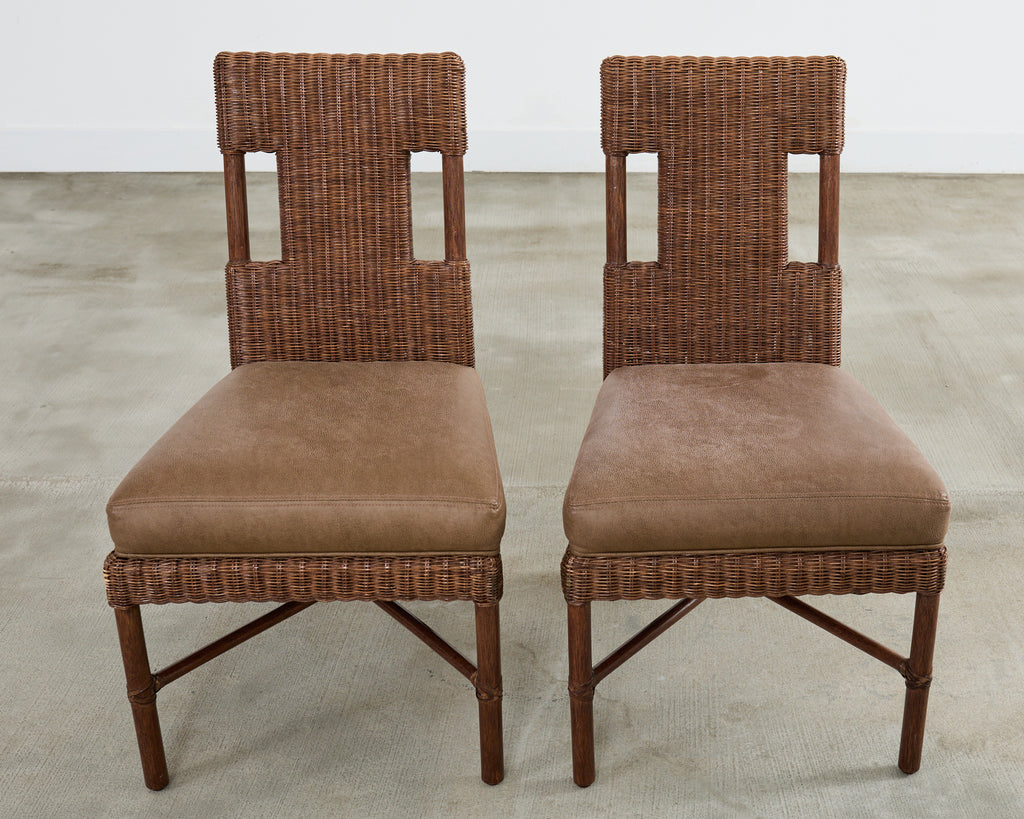 Set of Eight Thomas Pheasant for McGuire Rattan Dining Chairs