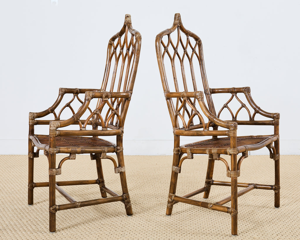 Set of Eight McGuire High Back Rattan Cathedral Dining Chairs