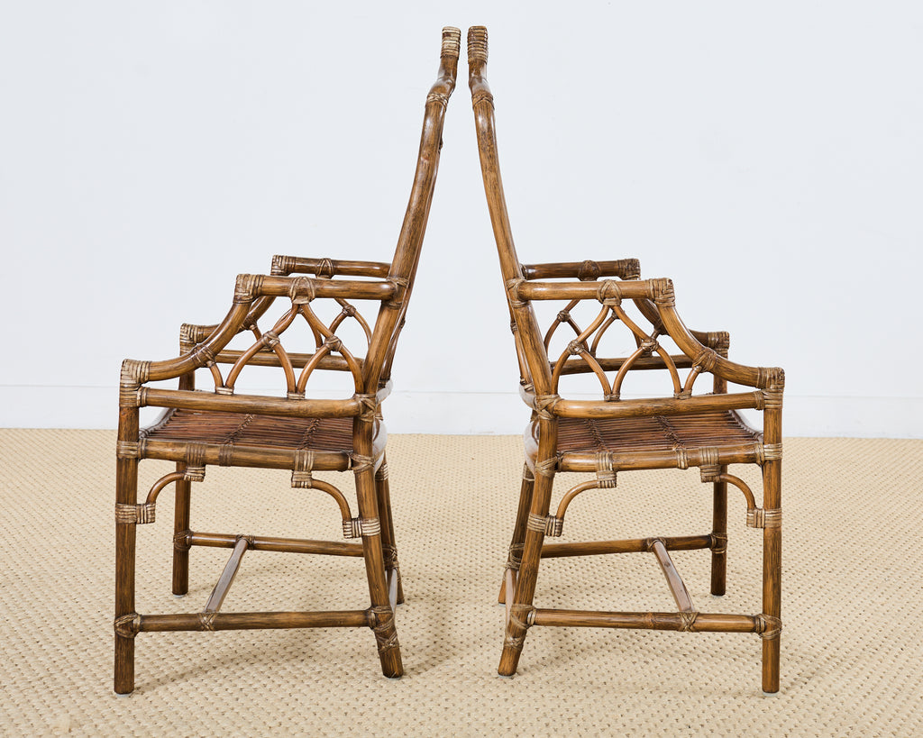 Set of Eight McGuire High Back Rattan Cathedral Dining Chairs