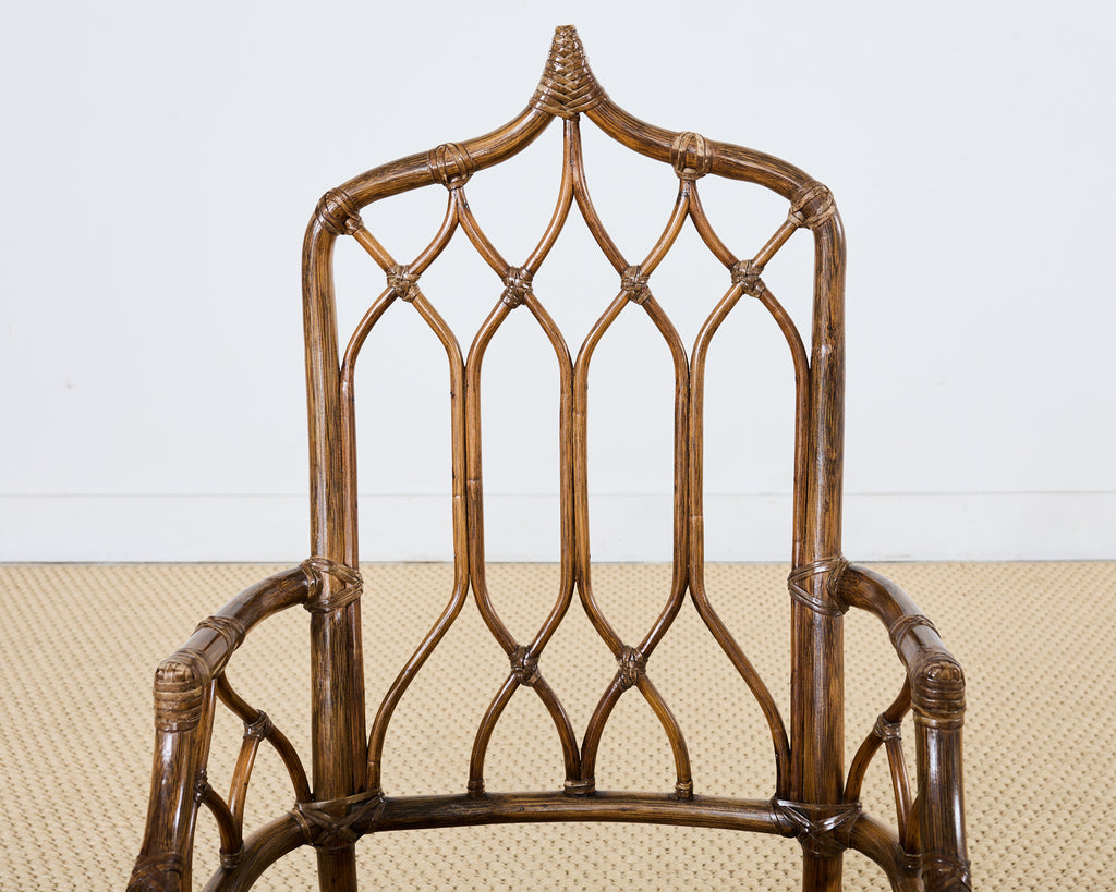 Set of Eight McGuire High Back Rattan Cathedral Dining Chairs