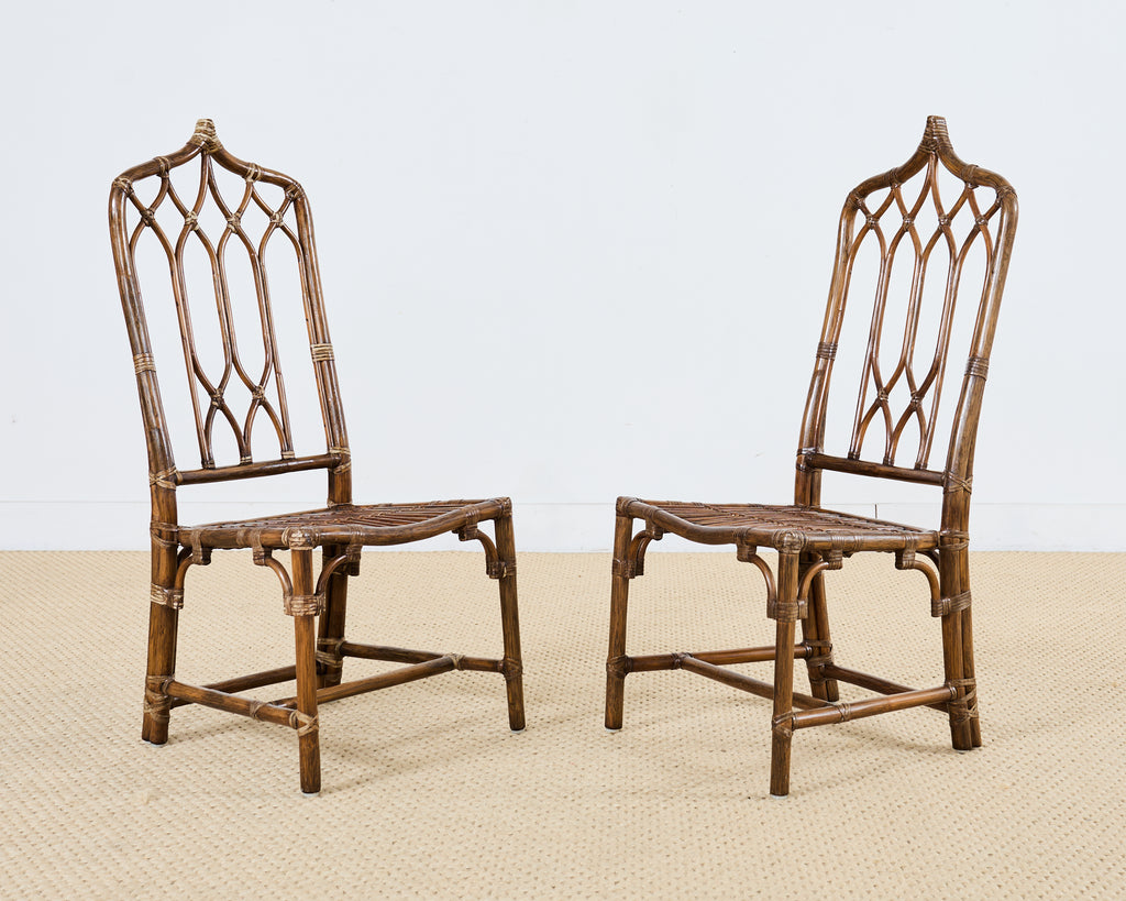 Set of Eight McGuire High Back Rattan Cathedral Dining Chairs