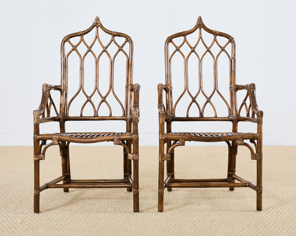 Set of Eight McGuire High Back Rattan Cathedral Dining Chairs