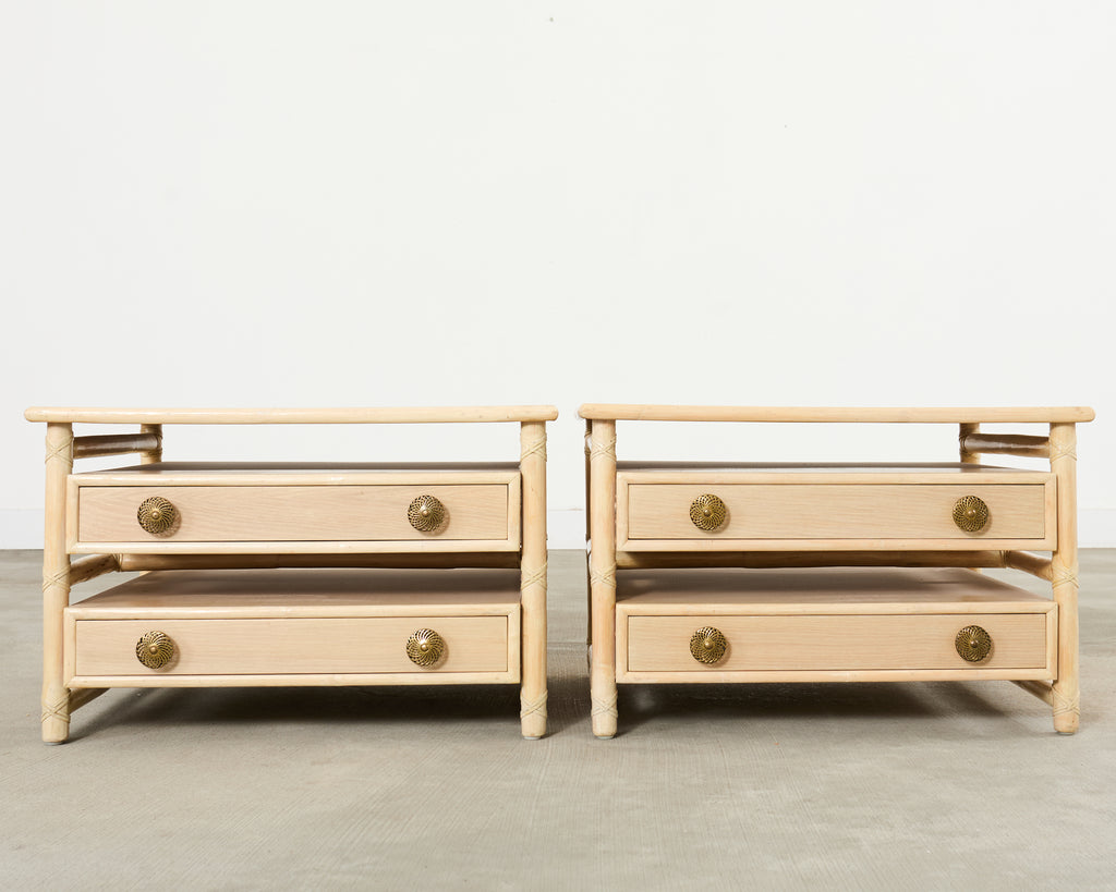 Pair McGuire Cerused Oak Rattan Nightstands End Tables