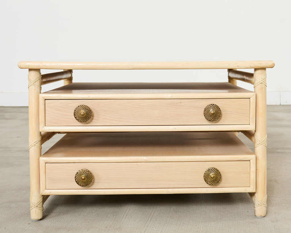 Pair McGuire Cerused Oak Rattan Nightstands End Tables