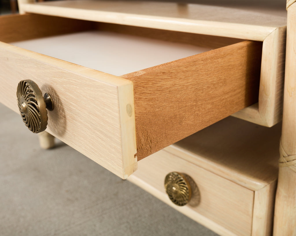 Pair McGuire Cerused Oak Rattan Nightstands End Tables