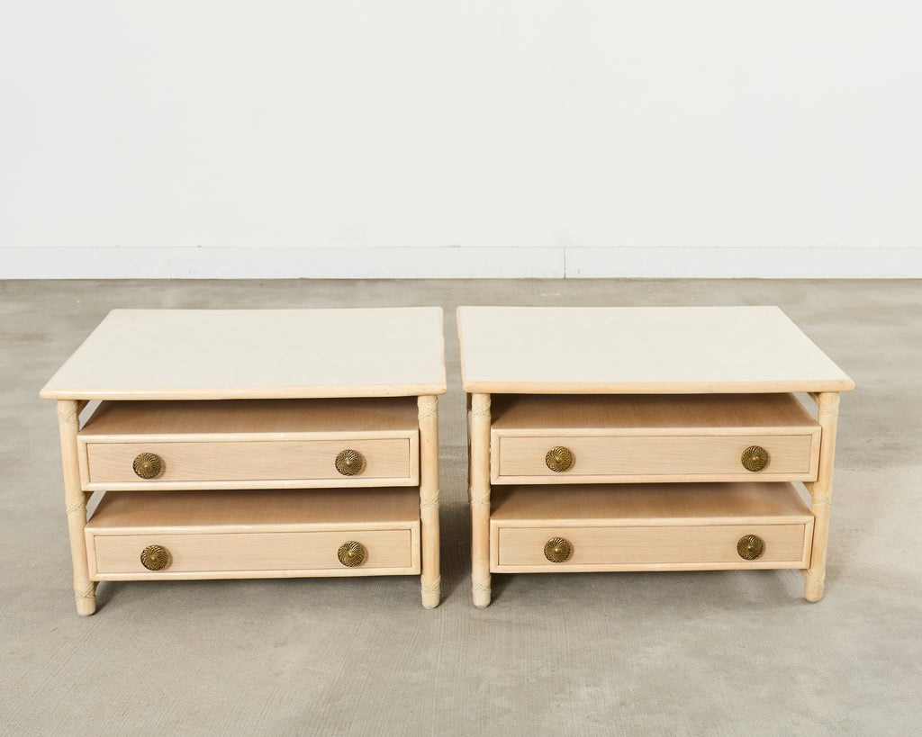 Pair McGuire Cerused Oak Rattan Nightstands End Tables