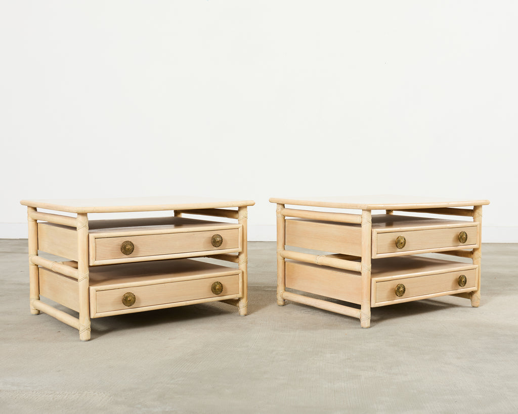 Pair McGuire Cerused Oak Rattan Nightstands End Tables
