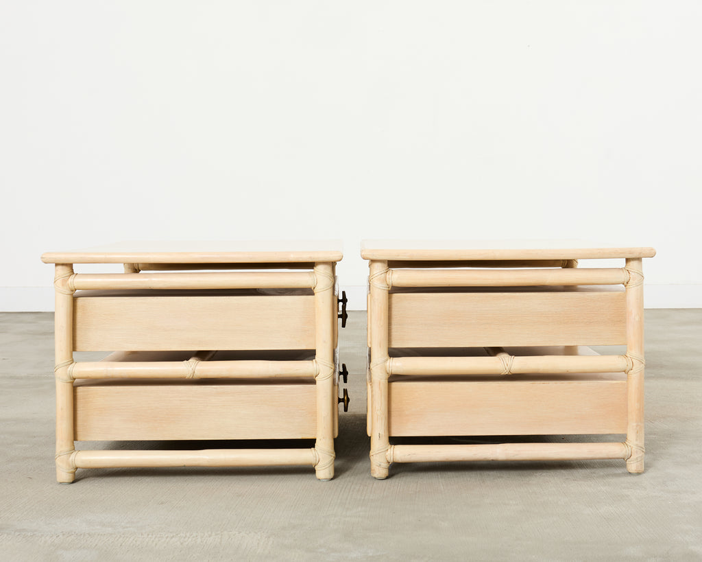 Pair McGuire Cerused Oak Rattan Nightstands End Tables