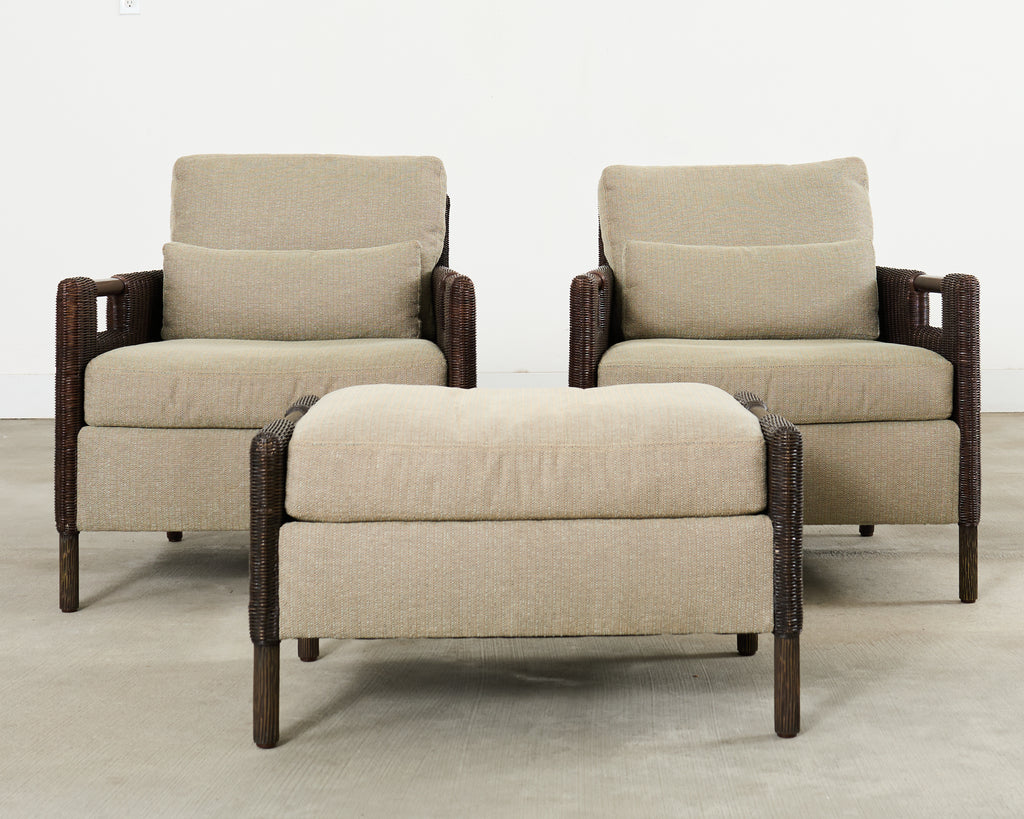 Pair Thomas Pheasant McGuire Rattan Lounge Chairs + Ottoman