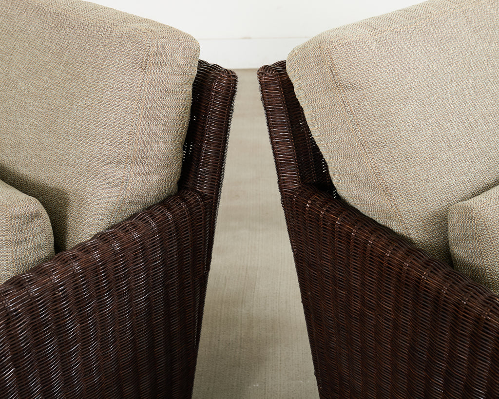 Pair Thomas Pheasant McGuire Rattan Lounge Chairs + Ottoman