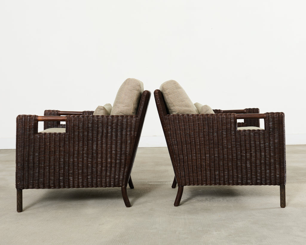 Pair Thomas Pheasant McGuire Rattan Lounge Chairs + Ottoman
